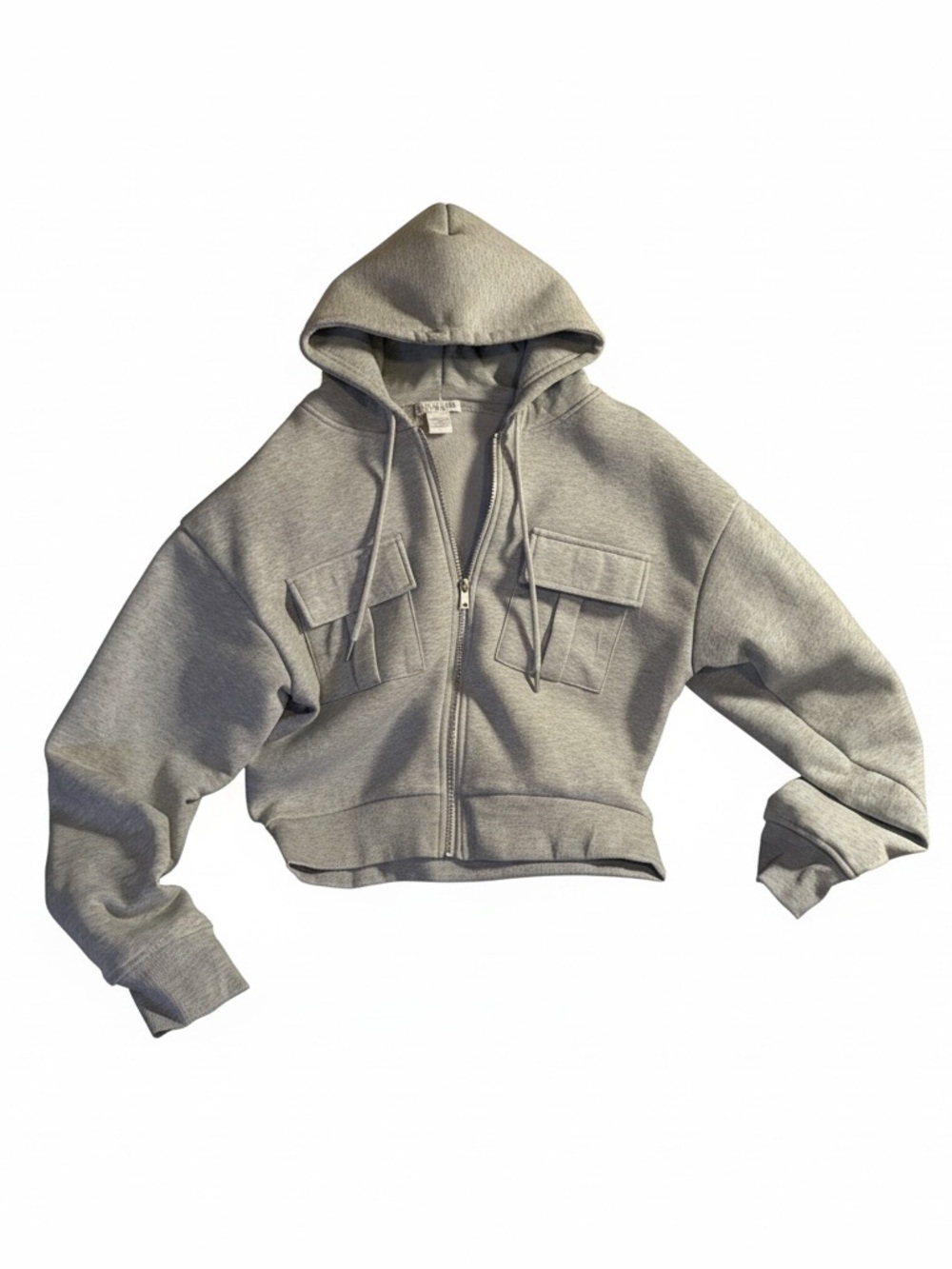 Cropped Gray Hooded Bomber Jacket with Chest Flap Pockets